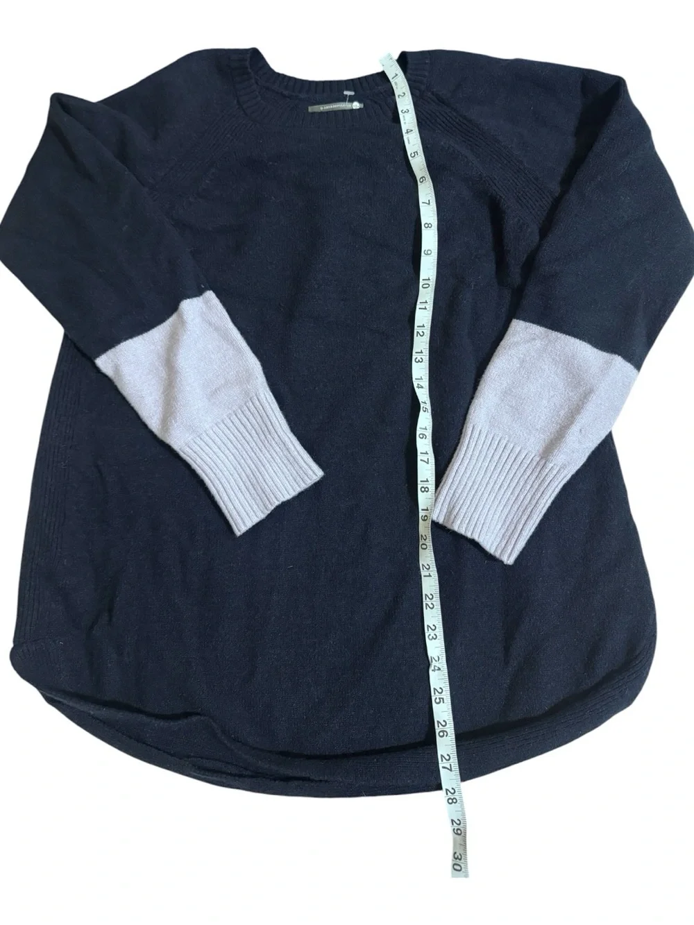 Anthropologie Navy Crewneck Sweater with Lavender Sleeve Accents